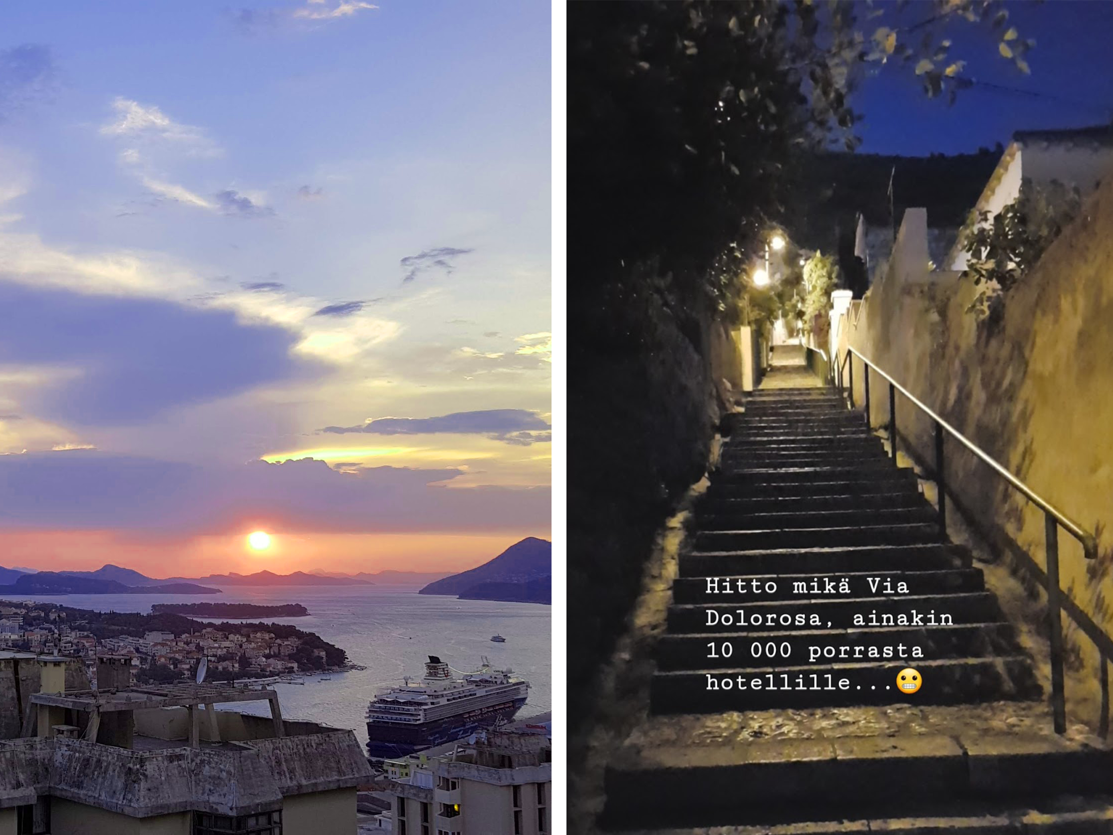 (KUVA) Kaksi tapaa fiilistellä lomamatkaa Dubrovnikissa: filtteroitu kuva hotellilta nähdystä auringonlaskusta ja hetkellistä tunnetta välittävä Insta-story hotellille vievistä portaista.